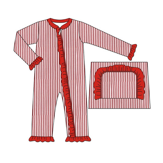 preorder LR2009 Christmas red striped long sleeve zipper girls romper