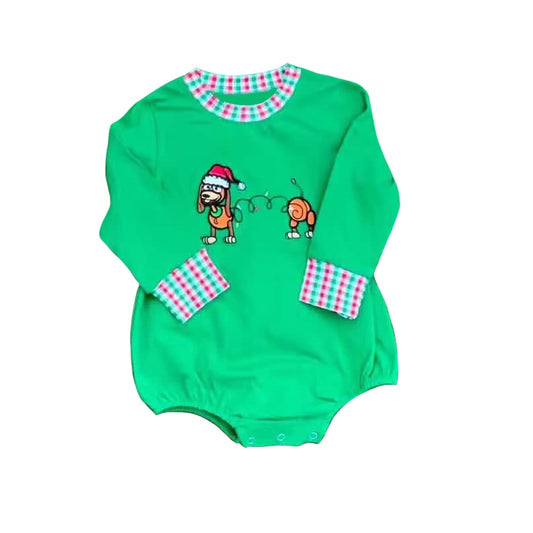 preorder LR2011 Christmas dog hat green long sleeve girls romper