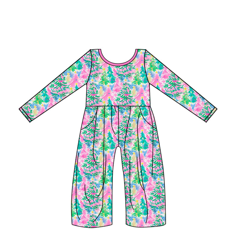 Preorder LLR2016 Christmas colorful tree hot pink long sleeve girls jumpsuits