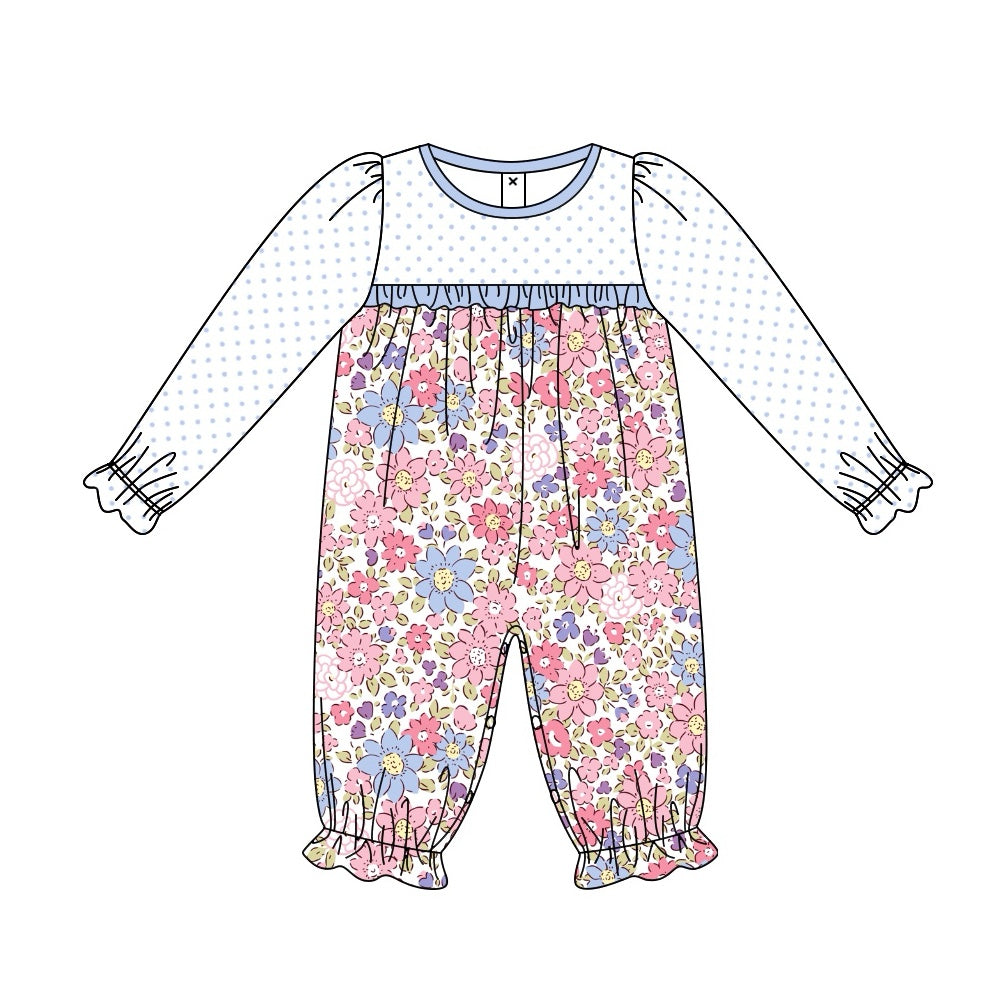 preorder LR2017 cute colorful flowers dot blue long sleeve girls romper