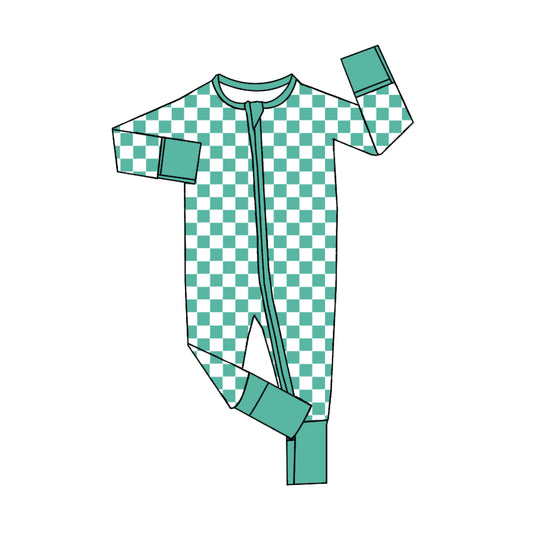 preorder LR2027 green checkered zipper long sleeve boys romper