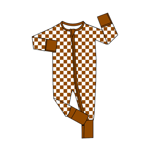 preorder LR2029 brown checkered zipper long sleeve boys romper