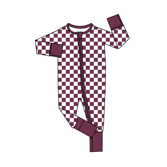 preorder LR2030 maroon checkered zipper long sleeve boys romper