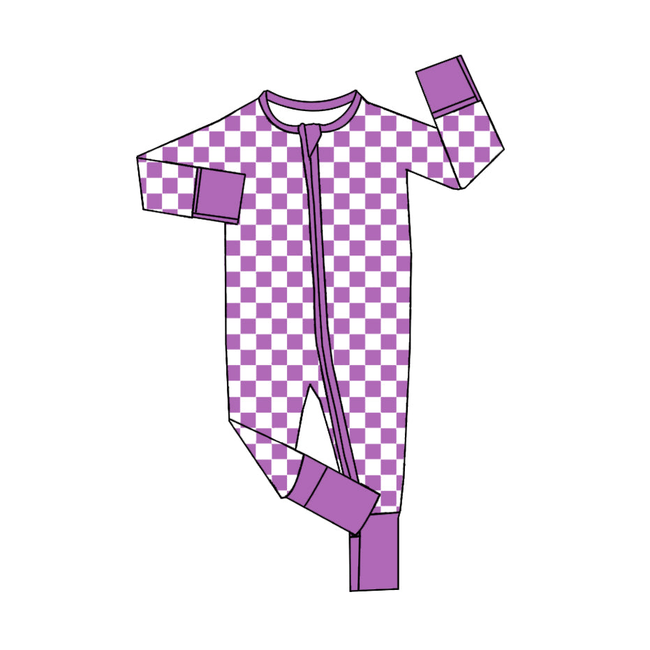 preorder LR2031 purple checkered zipper long sleeve boys romper