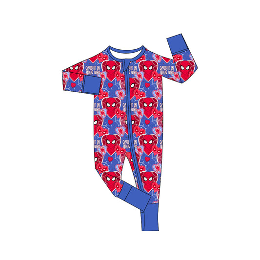 preorder LR2035 Valentine Day red heart spider hero blue zipper long sleeve boys romper