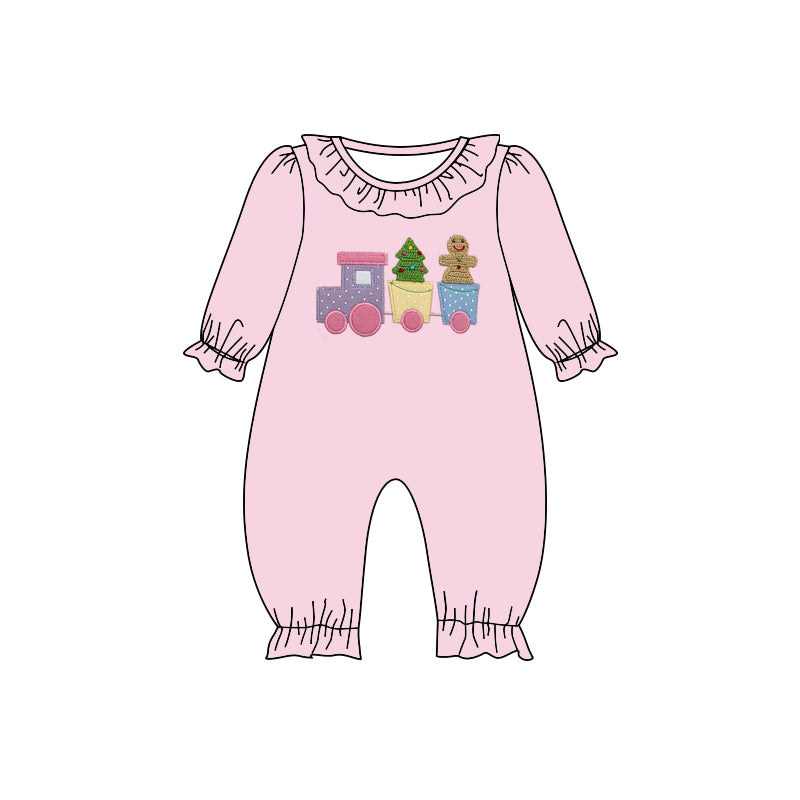 preorder LR2037 Christmas ginerbread man tree train pink long sleeve girls romper