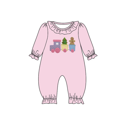 preorder LR2037 Christmas ginerbread man tree train pink long sleeve girls romper