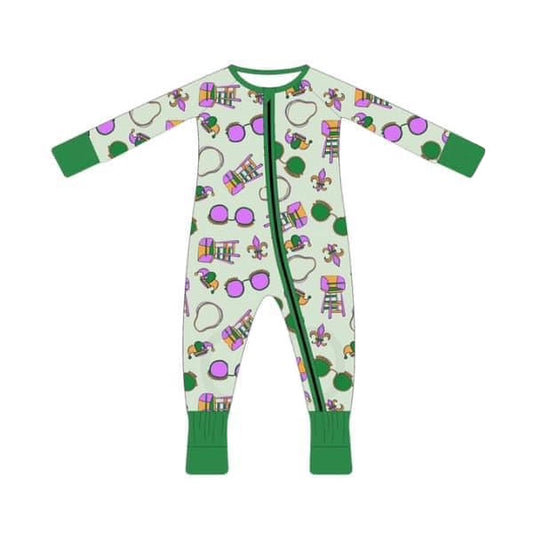 preorder LR2039 Mardi Gras glasses green zipper long sleeve boys romper