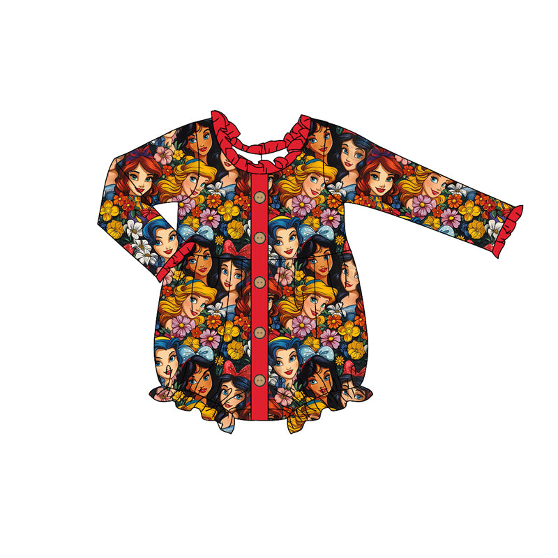 preorder LR2041 cartoon princess flowers red long sleeve girls romper