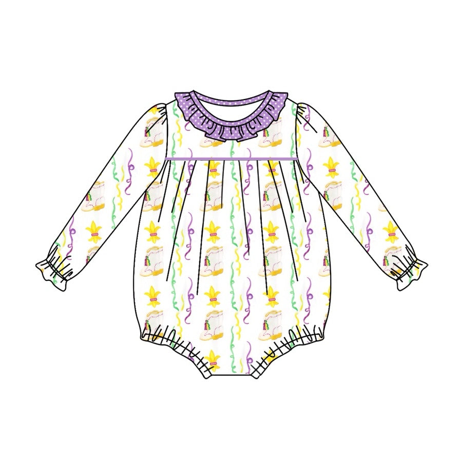 preorder LR2042 Mardi Gras purple yellow print long sleeve girls romper