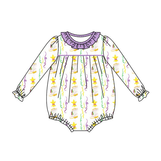 preorder LR2042 Mardi Gras purple yellow print long sleeve girls romper