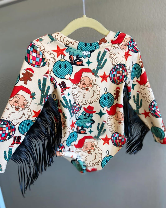 preorder LR2045 Christmas Santa Western cactus tassels long sleeve girls romper