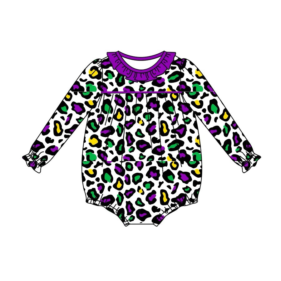 preorder LR2046 Mardi Gras purple green leopard long sleeve girls romper