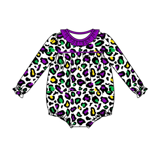 preorder LR2046 Mardi Gras purple green leopard long sleeve girls romper