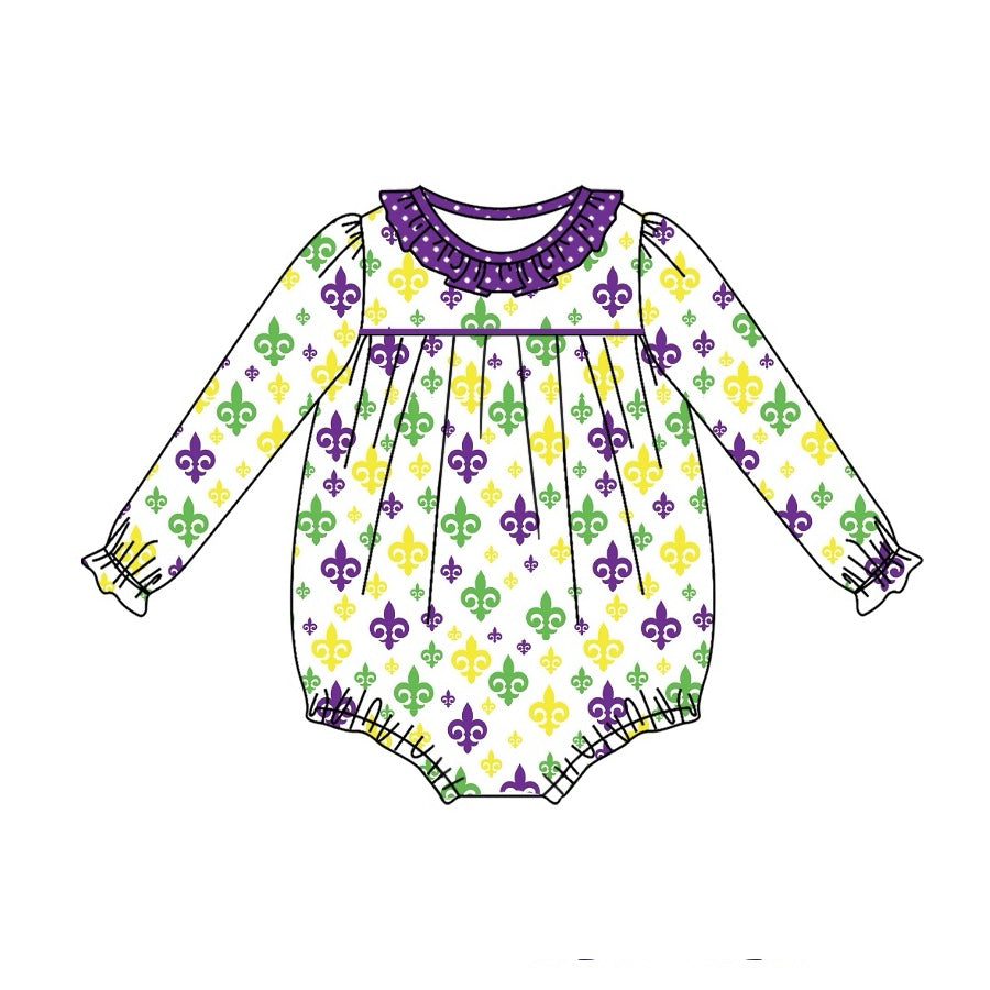 preorder LR2047 Mardi Gras purple green yellow printing long sleeve girls romper