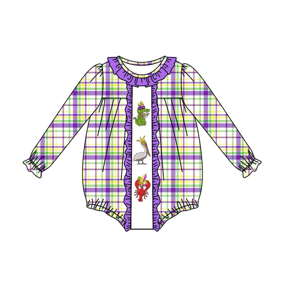 preorder LR2048 Mardi Gras cartoon crayfish cocrodile purple checkered long sleeve girls romper