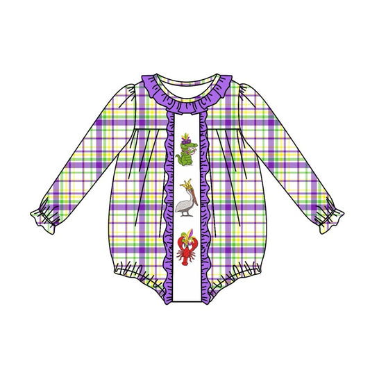 preorder LR2048 Mardi Gras cartoon crayfish cocrodile purple checkered long sleeve girls romper