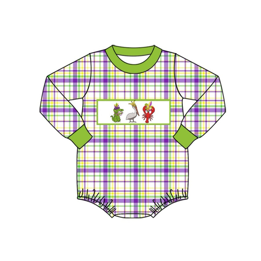 preorder LR2049 Mardi Gras cartoon crayfish cocrodile green checkered long sleeve boys romper