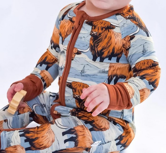 preorder LR2053 Western higlandcow blue long sleeve zipper boys romper