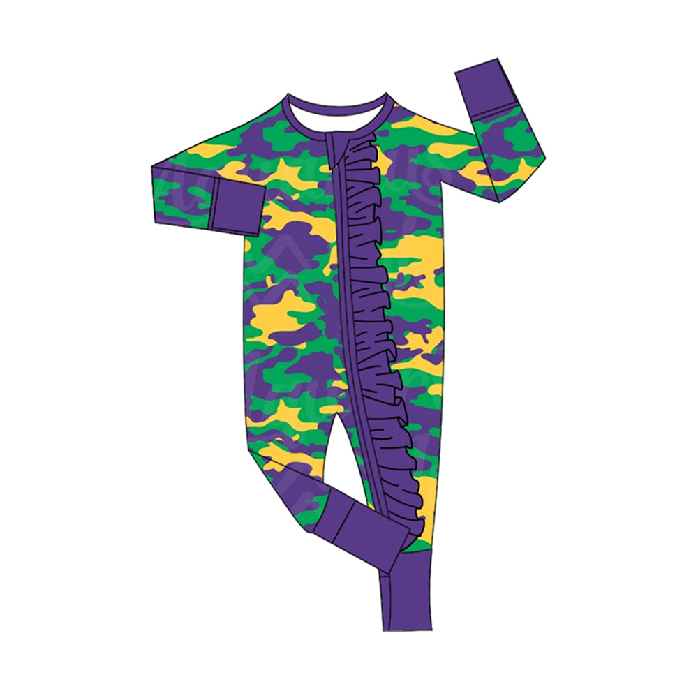 preorder LR2056 Mardi Gras camo purple green yellow long sleeve zipper girls romper