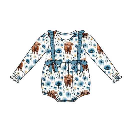 preorder LR2058 Western highland cow blue flowers bows long sleeve girls romper