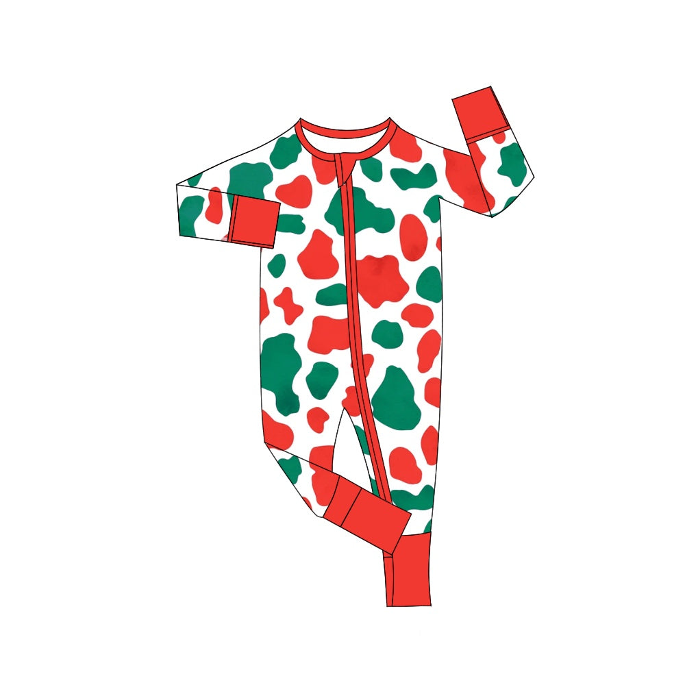 preorder LR2060 Christmas green red cow print zipper long sleeve boys romper