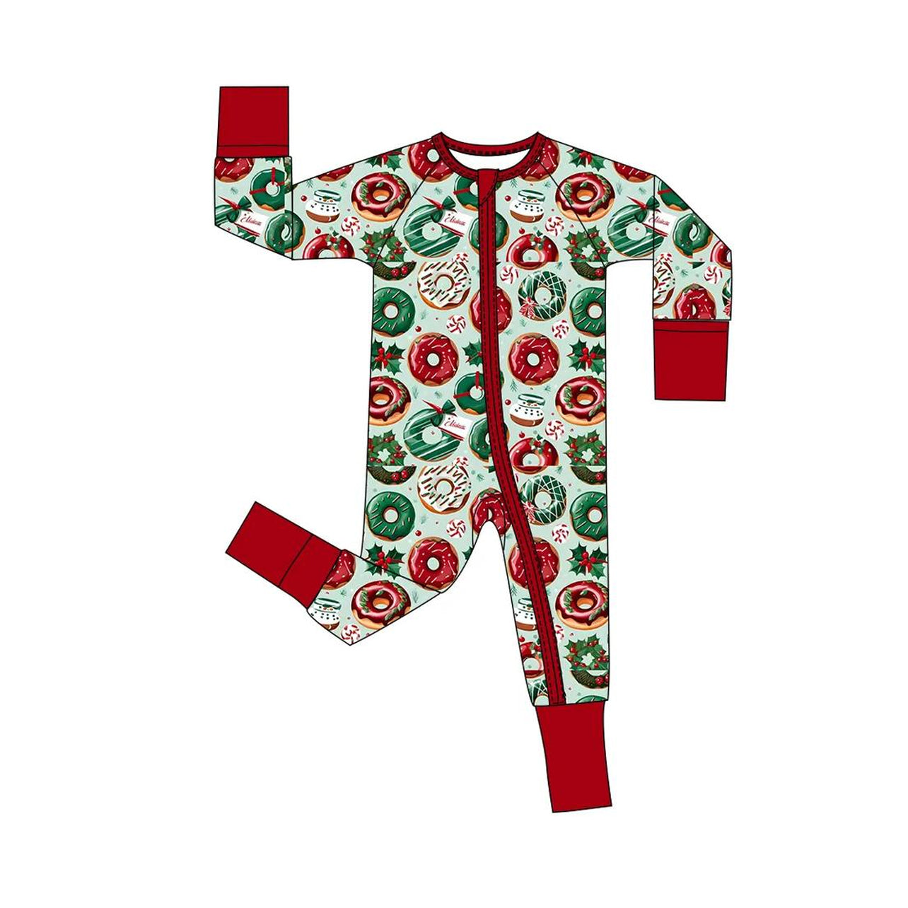 preorder LR2064 Christmas holly berry donut green long sleeve zipper boys romper