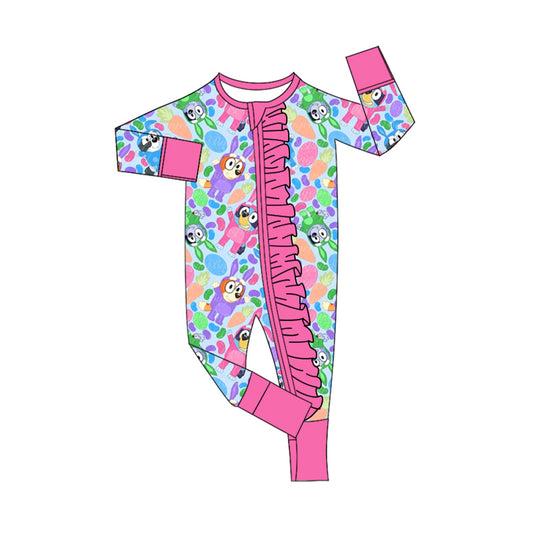 preorder LR2065 Easter cartoon blue dog colorful carrot hot pink long sleeve zipper girls romper