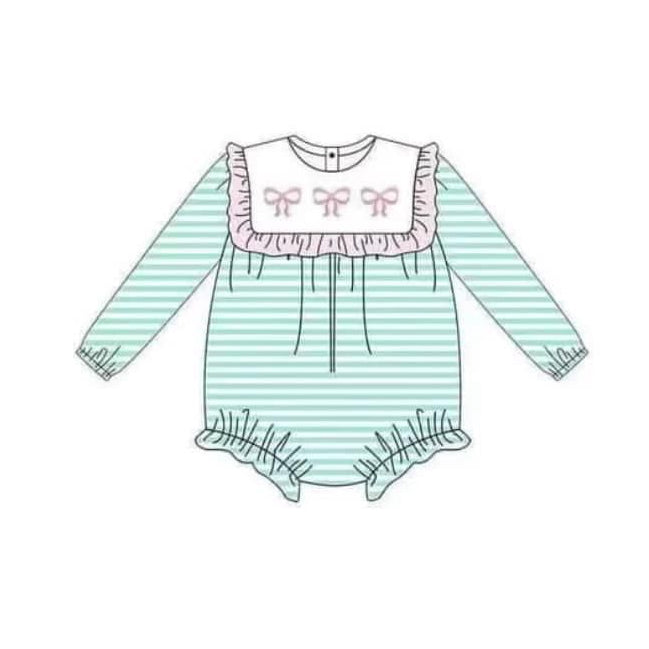 preorder LR2067 pink bows green striped long sleeve girls romper