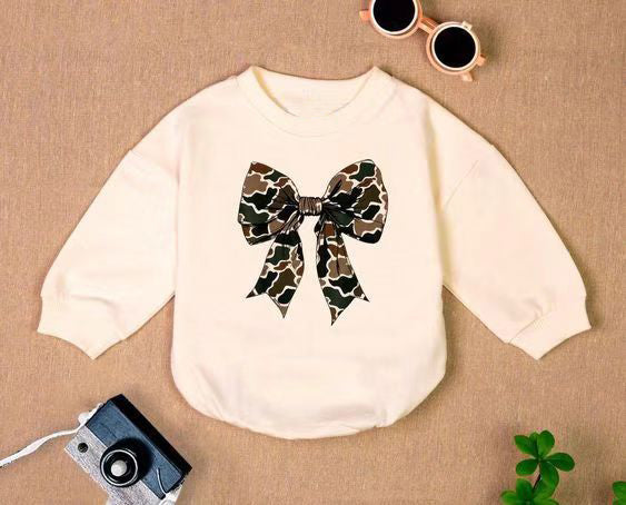 preorder LR2074 camo coquette bow baby romper old school camo baby bodysuit