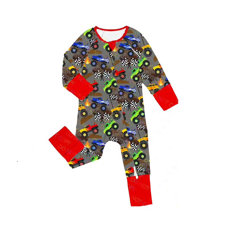 preorder LR2082 cartoon truck red long sleeve zipper boys romper