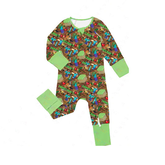 preorder LR2083 cartoon games green long sleeve zipper boys romper