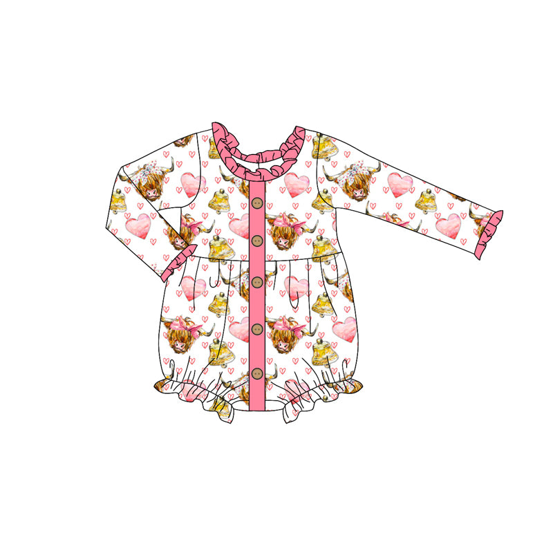 preorder LR2088 Valentine's Day pink heart highlandcow long sleeve girls romper