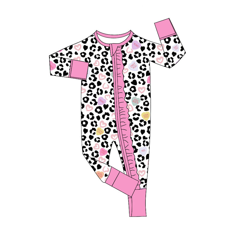 preorder LR2089 Valentine's Day pink heart leopard long sleeve zipper girls romper