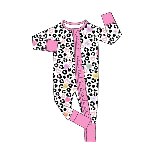 preorder LR2089 Valentine's Day pink heart leopard long sleeve zipper girls romper