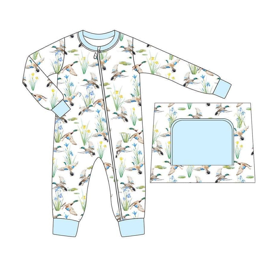 preorder LR2094 cute mallard duck long sleeve zipper boys romper