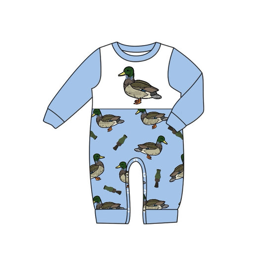 Custom moq 20 bamboo cute mallard duck blue long sleeve girls romper