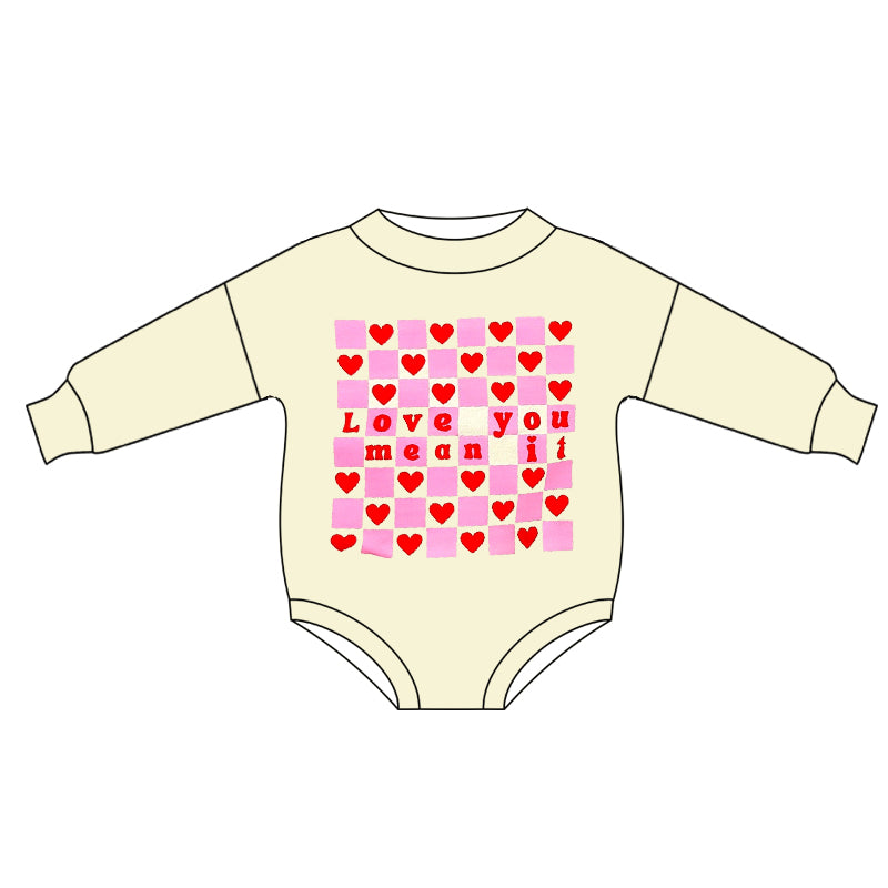 preorder LR2102 Valentine's Day love you mean i pink checkered long sleeve girls romper