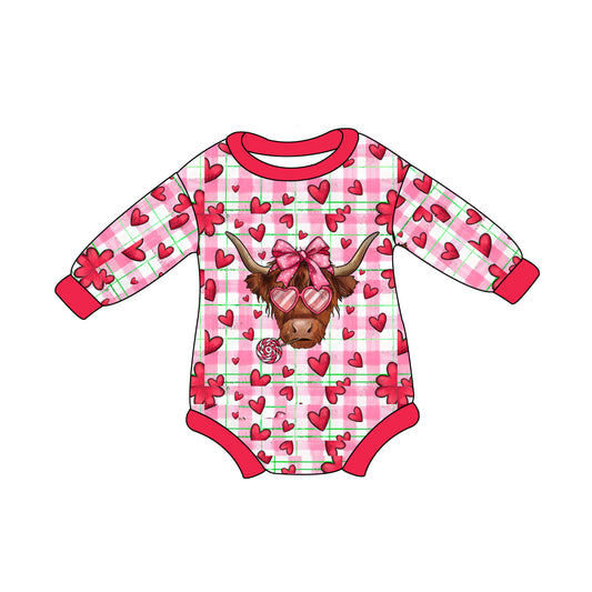 preorder LR2104 Valentine's Day heart highland cow pink long sleeve girls romper