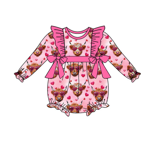 preorder LR2105 Valentine's Day heart highland cow pink long sleeve girls romper