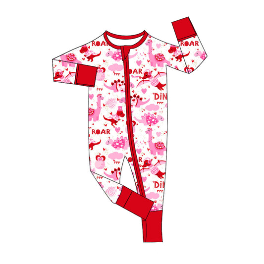 preorder LR2106 Valentine's Day DINO hot pink dinosaur long sleeve zipper girls romper