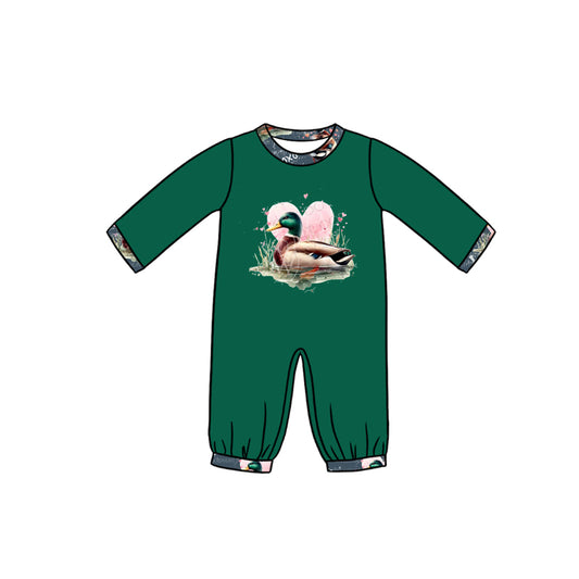 preorder LR2108 Valentine's Day heart call me mallard duck green long sleeve boys romper