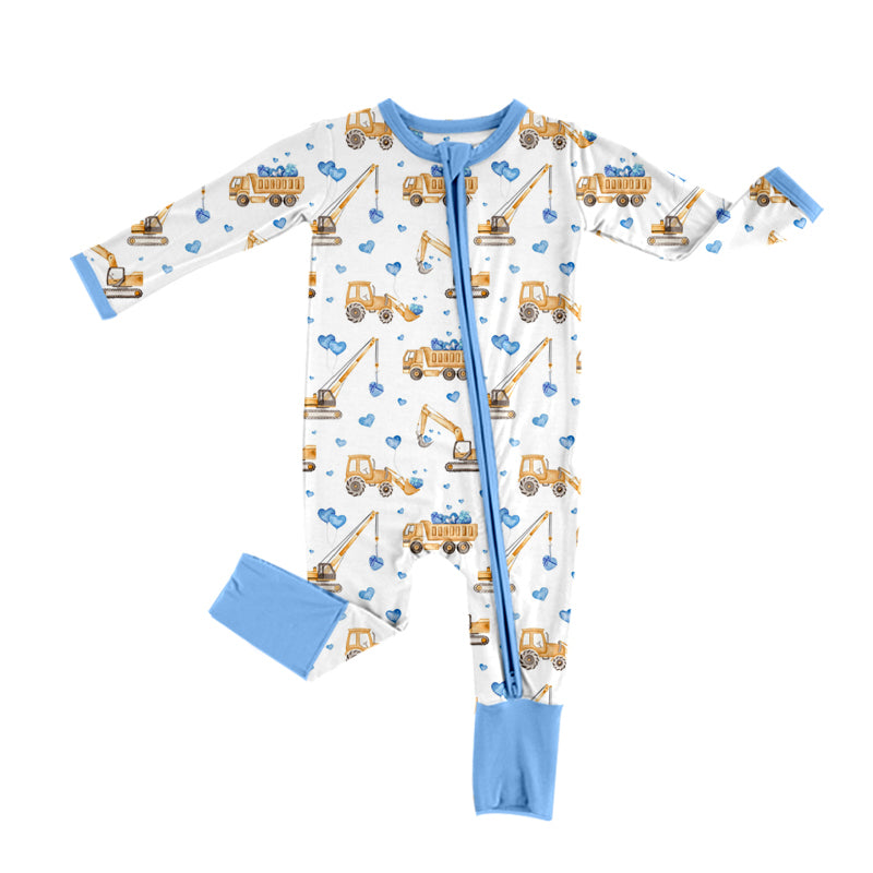 preorder LR2116 Valentine's Day heart construction blue long sleeve zipper boys romper