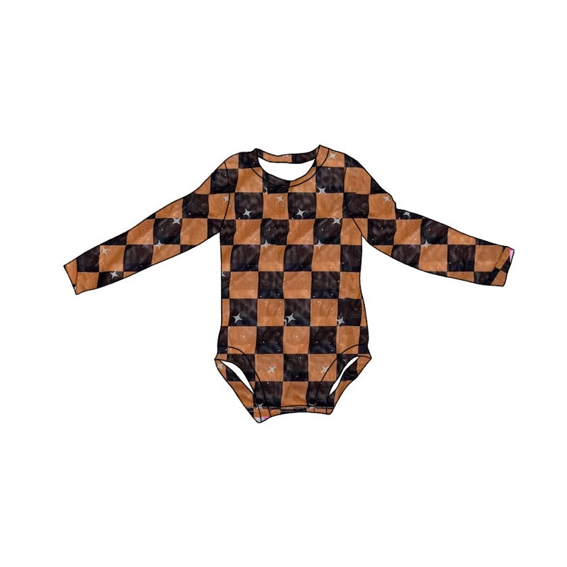 preorder LR2119 brown black checkered long sleeve girls romper