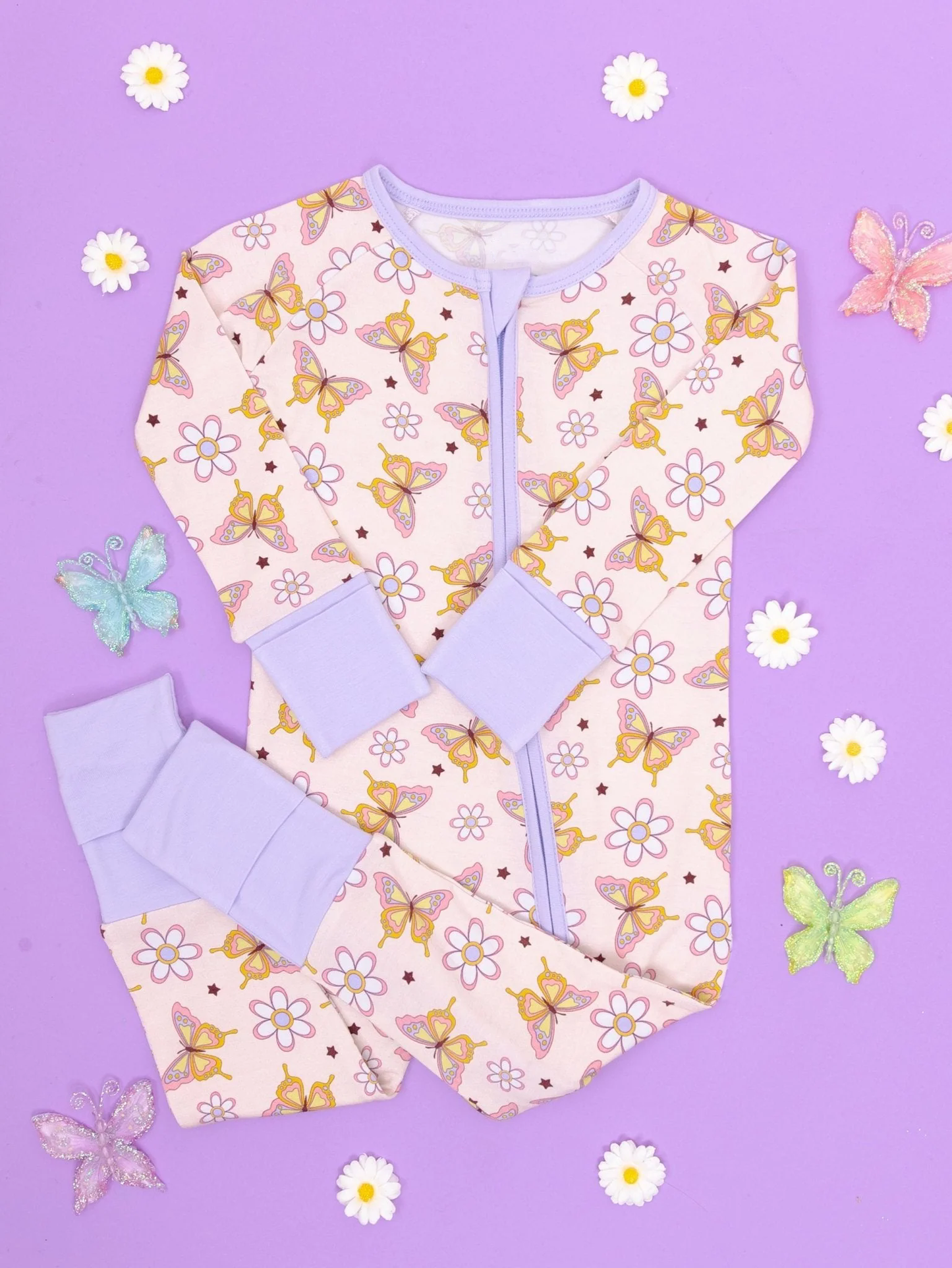preorder LR2123 cute butterfly flowers purple long sleeve zipper girls romper