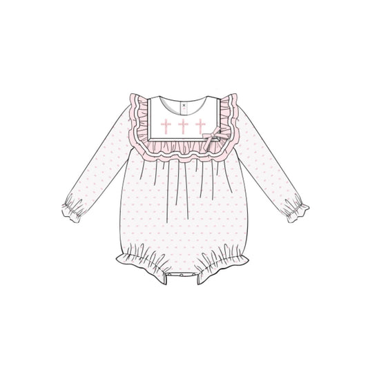 preorder LR2136 Easter cross pink dot ruffles long sleeve girls romper