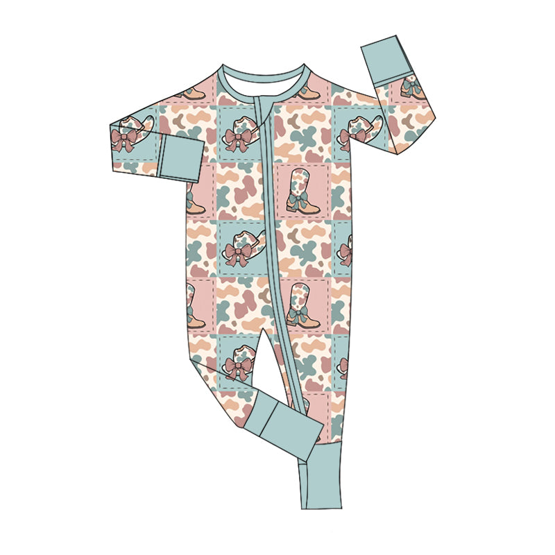 preorder LR2139 Western cute camo boot hat long sleeve zipper girls romper