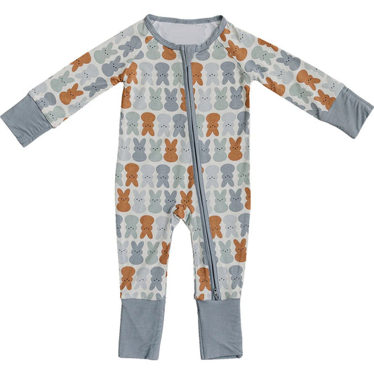 preorder LR2144 Easter bunny rabbit grey blue long sleeve zipper boys romper