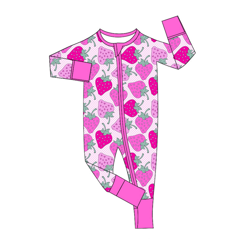 preorder LR2148 hot pink strawberry long sleeve zipper girls romper