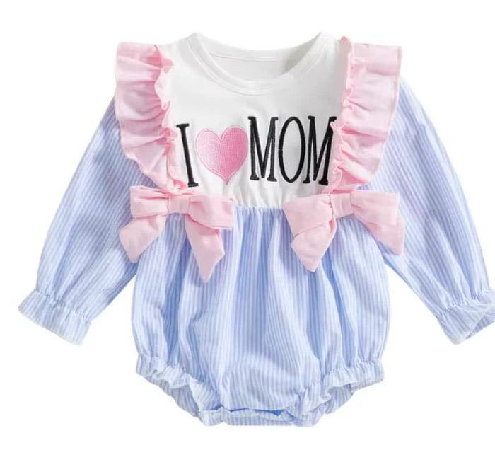 preorder LR2155 i love mon pink bows blue long sleeve girls romper
